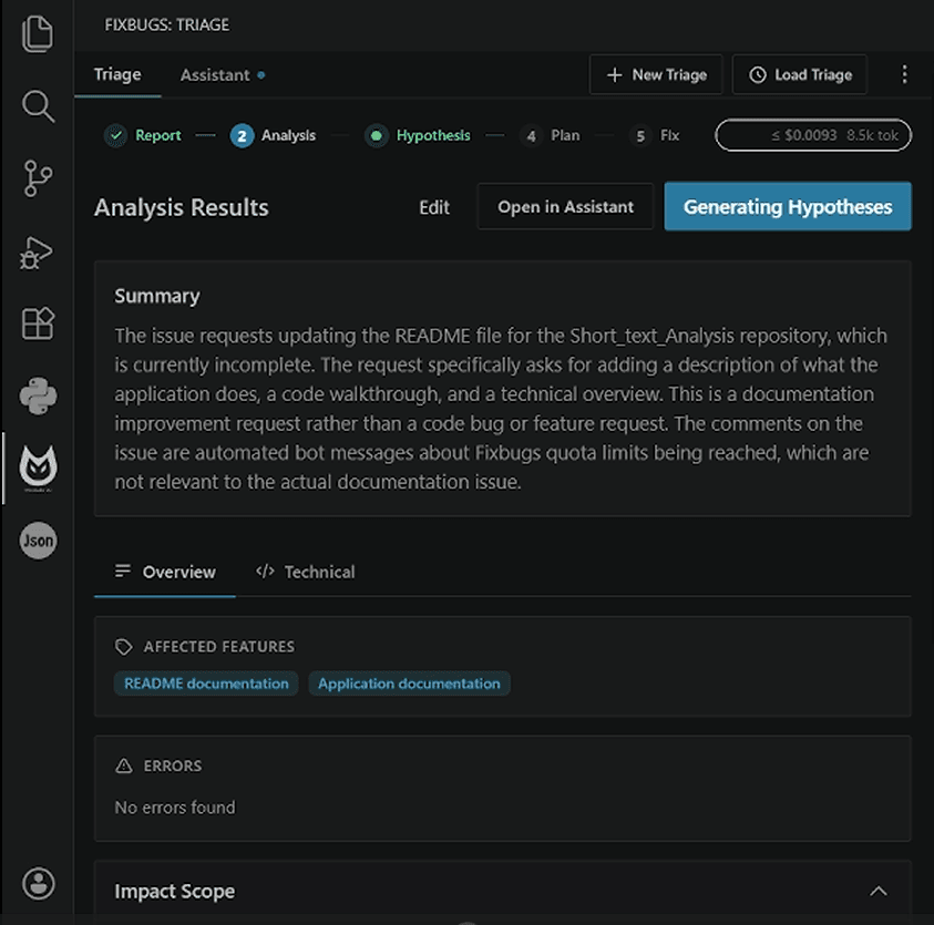 Analysis results showing affected features, errors, and impact scope