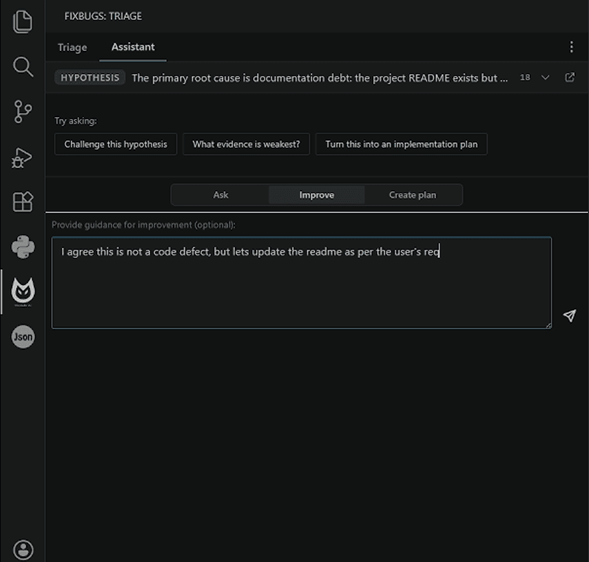 Assistant view for challenging a hypothesis or creating a plan